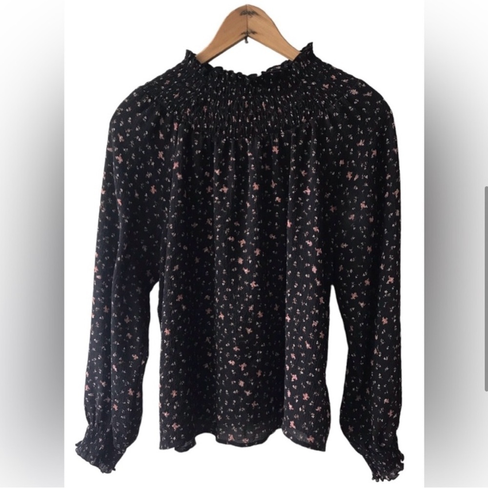 Madewell | Women’s black floral smocked mock neck/sleeve hem shirt size L - Picture 4 of 16